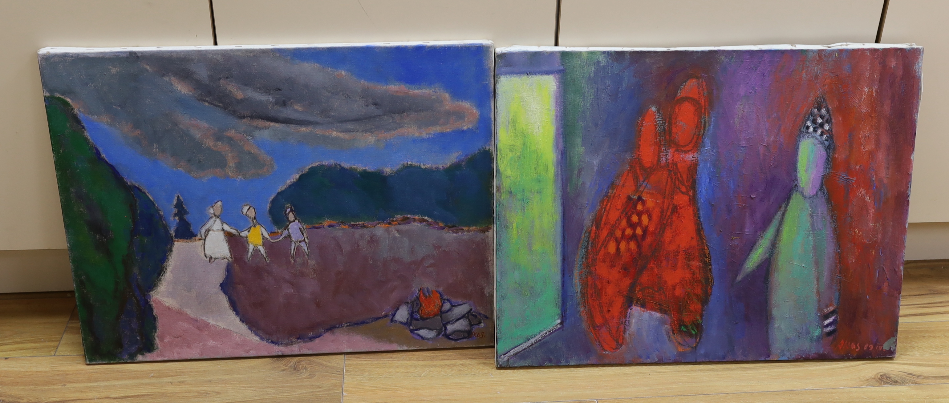 Akos Biro, (Hungarian, 1911-2002), pair of oils on canvas, Abstract figural scenes, each signed, 49 x 65cm